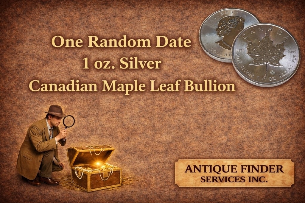 1 oz Random Date Silver Maple Leaf: Item will be a Sovereign Canadian Silver 1 oz Maple Leaf. Dates will be random from our stock on hand at the time of the auction.