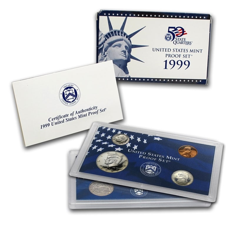 1999 US Mint Proof Set - in OMB: US Proof Set in OMB. These are all from US Mint in Original holders. Some handling wear may be present in the envelopes and the holders, but coins are untouched and in original mint boxing and wrappin