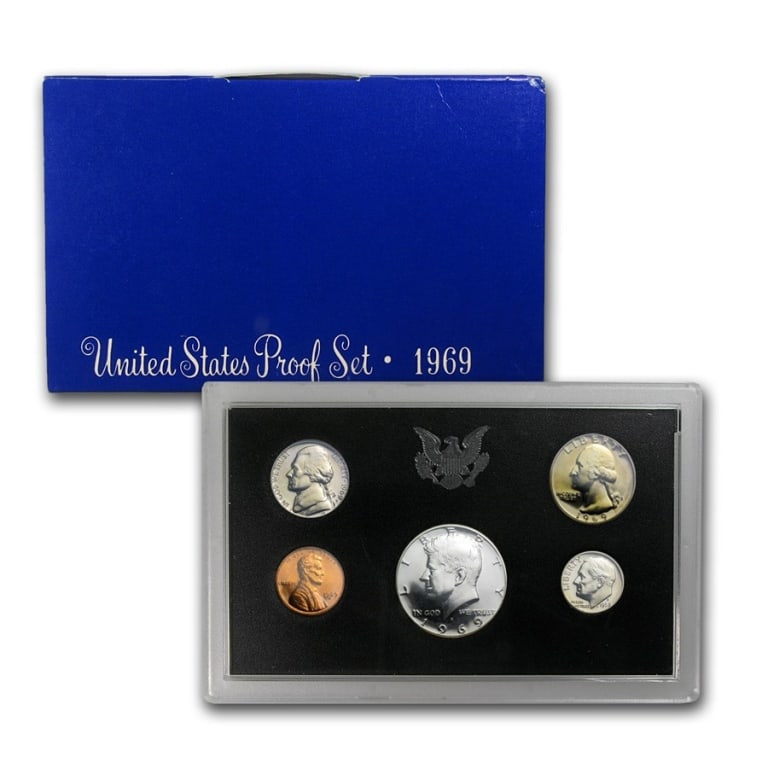 1969 s US Mint Proof Set: US Proof Set in OMB. These are all from US Mint in Original holders. Some handling wear may be present in the envelopes and the holders, but coins are untouched and in original mint boxing and wrappin
