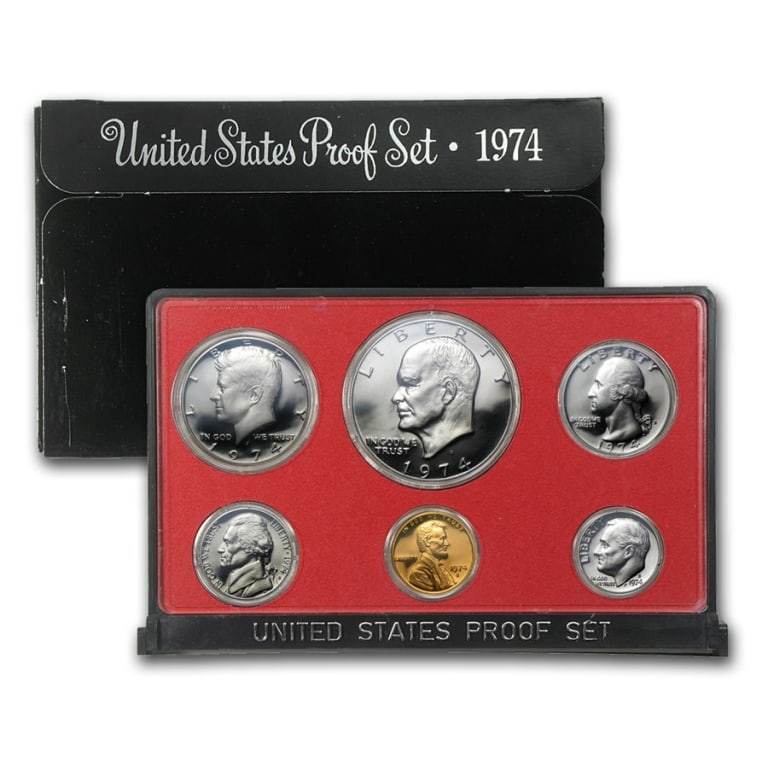 1974 s US Mint Proof Set: US Proof Set in OMB. These are all from US Mint in Original holders. Some handling wear may be present in the envelopes and the holders, but coins are untouched and in original mint boxing and wrappin
