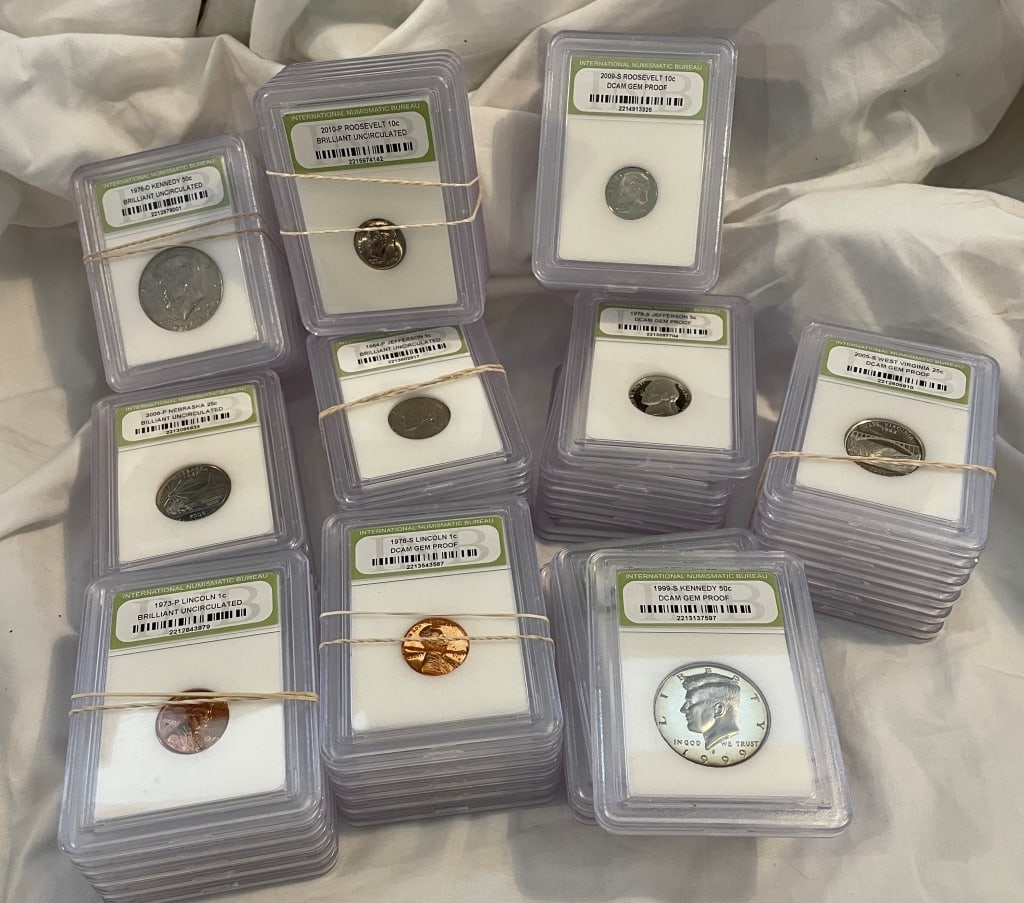 (50) BU and PROOF COins in SLabs: Items are US minted BU and Proof Coins from Mint and Proof Sets. NEVER CIRCULATED!