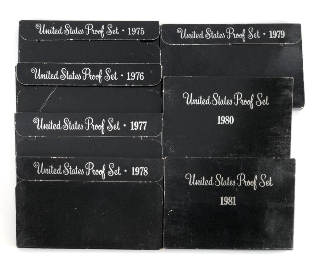1975 thru 1981 US Mint Proof Sets in OMB: Item is as shown in the image - Due to the fact that we have more than one of these items, winning bidder may not receive the exct item in the image- Winning bidder will receive exact date and grade