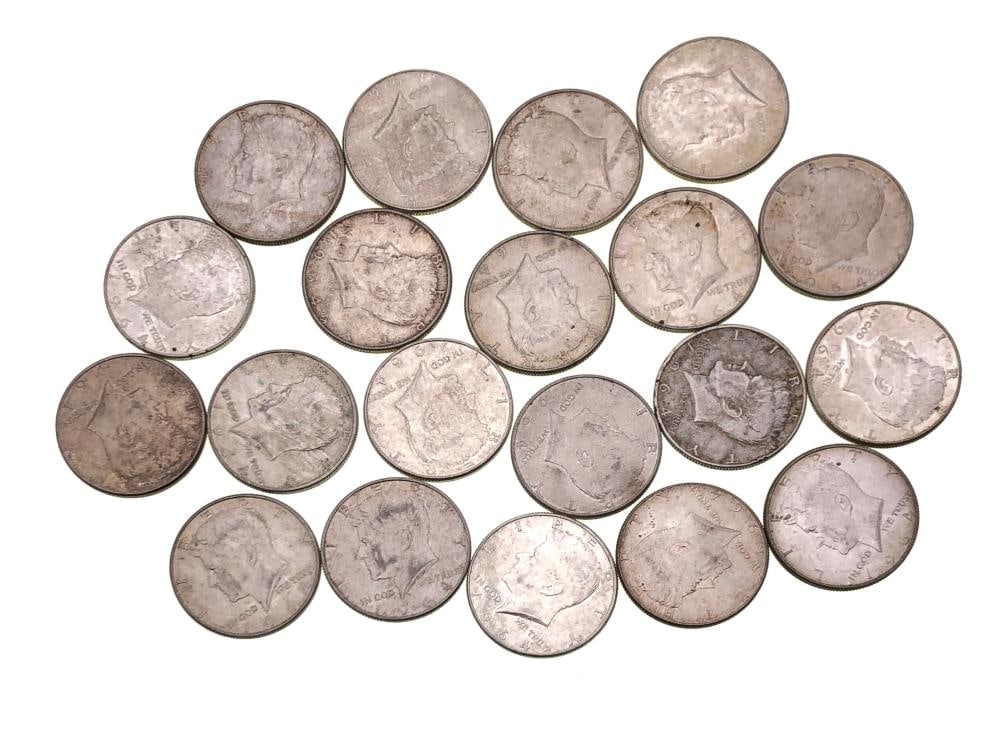 (20) 1964 Kennedy Half Dollars 90% Silver: Item is as shown in the image - Due to the fact that we have more than one of these items, winning bidder may not receive the exct item in the image- Winning bidder will receive exact date and grade a