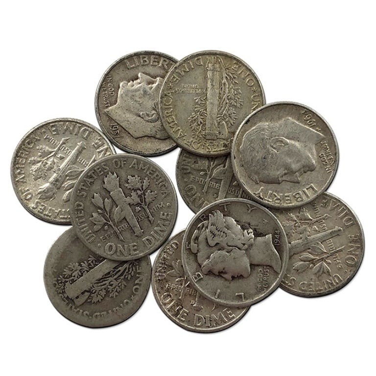 (10) Roosevelt and Mercury Dimes - Mixed 90%: Items will be as shown in the image- A mixed date and grade lot. Please review the entire terms and conditions prior to placing any bids-