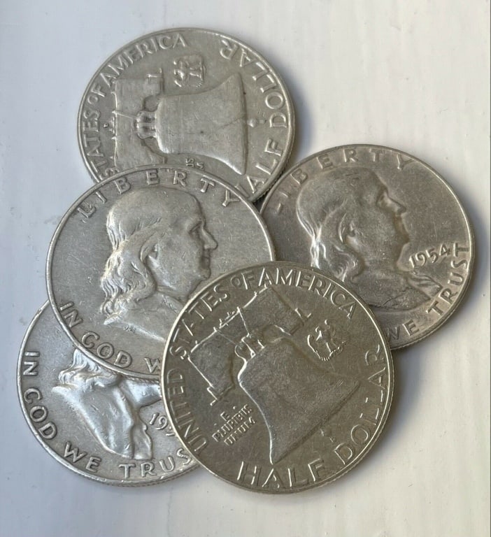 (5) Random Date Franklin Half Dollars-90% Silver: Items will be as shown in the image- A mixed date and grade lot. Please review the entire terms and conditions prior to placing any bids-