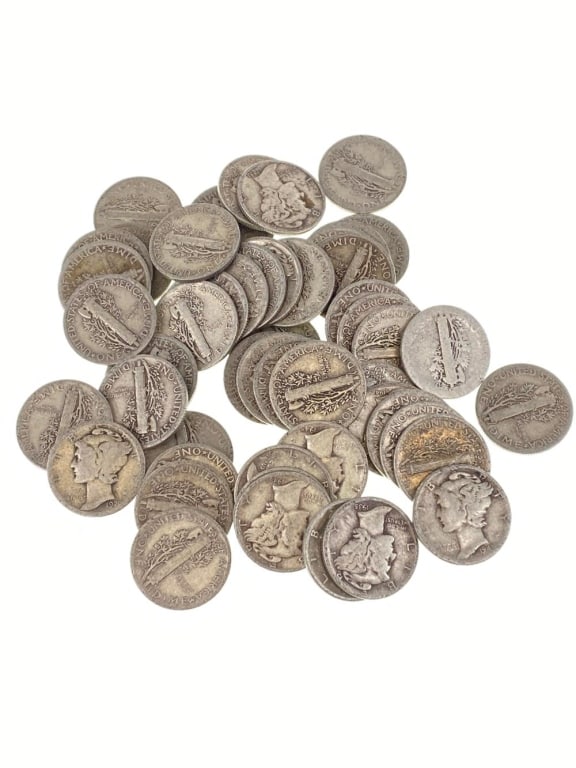 (50) Random Date Mercury Dimes 90% Silver: Item is as shown in the image - Due to the fact that we have more than one of these items, winning bidder may not receive the exct item in the image- Winning bidder will receive exact date and grade