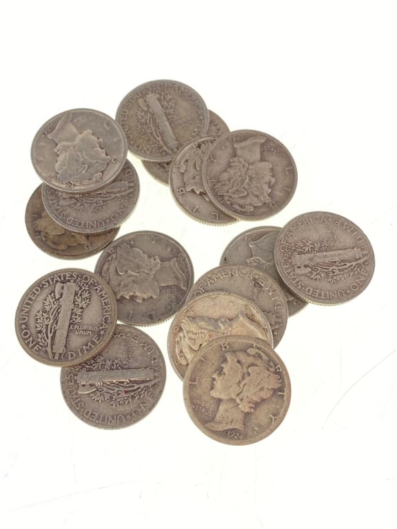 Lot of 15 Random Date Mercury Dimes: Item is as shown in the image - Due to the fact that we have more than one of these items, winning bidder may not receive the exct item in the image- Winning bidder will receive exact date and grade