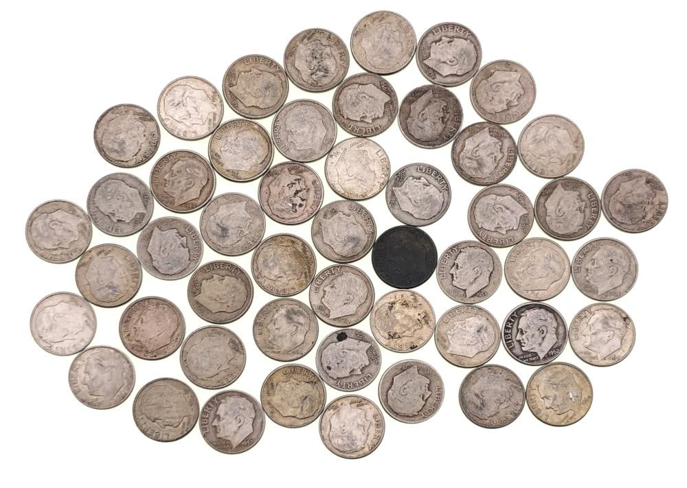 50- Random Date 90% Silver Roosevelt Dimes: Item is as shown in the image - Due to the fact that we have more than one of these items, winning bidder may not receive the exct item in the image- Winning bidder will receive exact date and grade