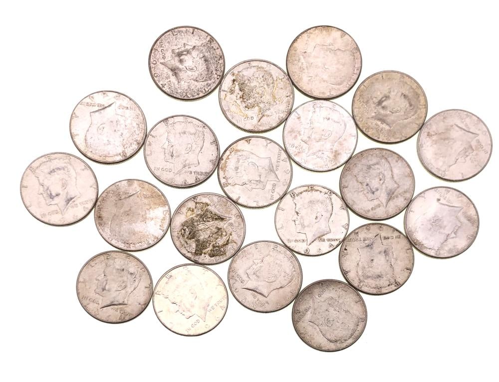 (20) 1964 Kennedy Half Dollars -90% Silver: Item is as shown in the image - Due to the fact that we have more than one of these items, winning bidder may not receive the exct item in the image- Winning bidder will receive exact date and grade a