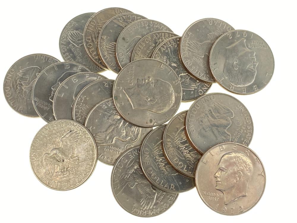 (20) Random Date- Ike Dollars- Clad Dates: Item is as shown in the image - Due to the fact that we have more than one of these items, winning bidder may not receive the exct item in the image- Winning bidder will receive exact date and grade a