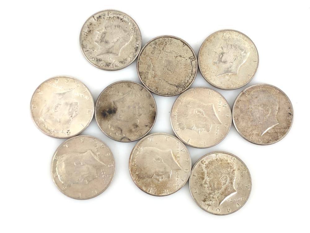 (10) 1964 Kennedy Half Dollars 90% Silver: Items are as shown in the image and described in the title - Please note tht we have more than one of these items and the exact item in the image may not be the item you recieve. Winning bidder will