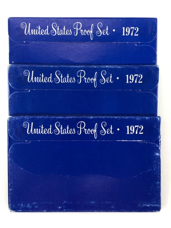 (3) 1972 US Mint Proof Sets: Items are as shown in the image and described in the title - Please note that we have more than one of these items and the exact item in the image may not be the item you recieve. Winning bidder will
