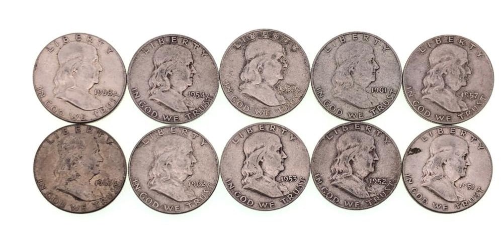 (10) Random Date/Grade Franklin Halves 90% Silver: Items are as shown in the image and described in the title - Please note that we have more than one of these items and the exact item in the image may not be the item you recieve. Winning bidder will