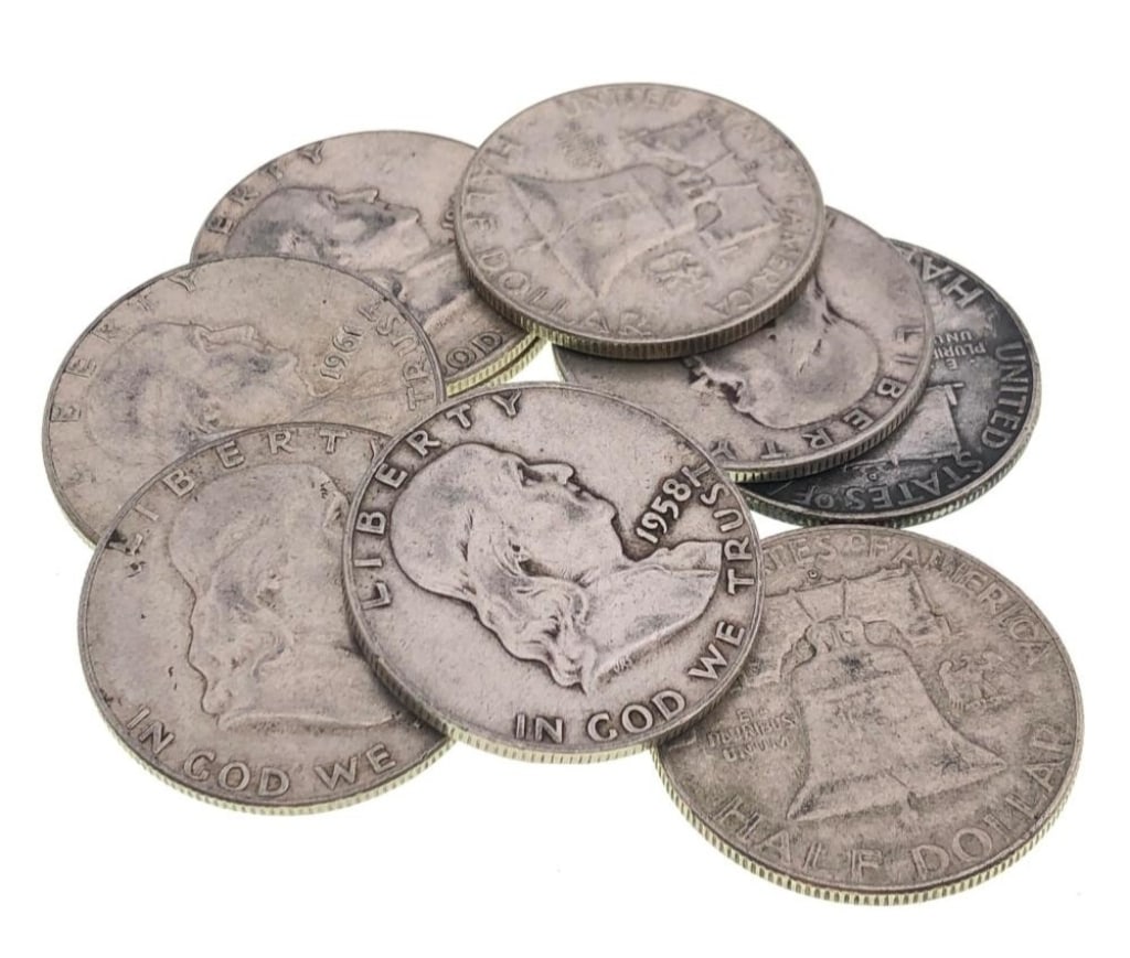 (8) Random Date 90% Silver Franklin Halves: Items are as shown in the image and described in the title - Please note tht we have more than one of these items and the exact item in the image may not be the item you recieve. Winning bidder will