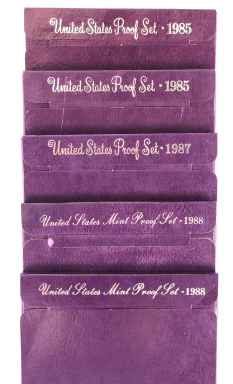1985-85-87-88-88 US Mint Proof Sets: Items are as shown in the image and described in the title - Please note tht we have more than one of these items and the exact item in the image may not be the item you recieve. Winning bidder will