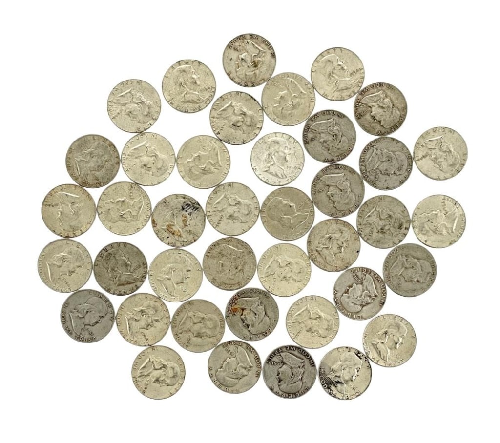 (40) Random Date/Grade Franklin Half Dollars: Items are as shown in the image and described in the title - Please note that we have more than one of these items and the exact item in the image may not be the item you recieve. Winning bidder will
