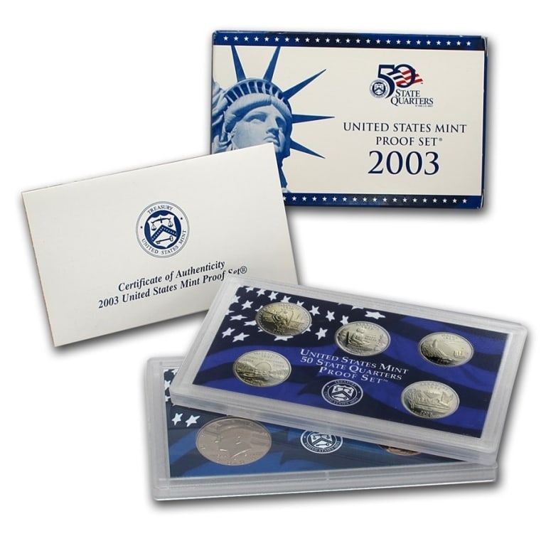 2003 US Mint Proof Set: US Proof Set in OMB. These are all from US Mint in Original holders. Some handling wear may be present in the envelopes and the holders, but coins are untouched and in original mint boxing and wrappin
