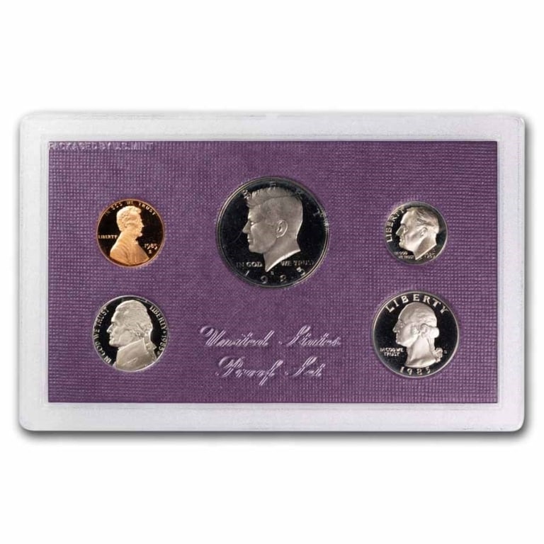 1985 US Mint Proof Set: US Proof Set in OMB. These are all from US Mint in Original holders. Some handling wear may be present in the envelopes and the holders, but coins are untouched and in original mint boxing and