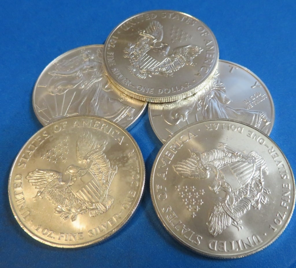 (5) Random Date US Silver Eagles: Items will be as described in title and shown in image. Please review all terms prior to placing a bid. All bids are acceptance of all terms.