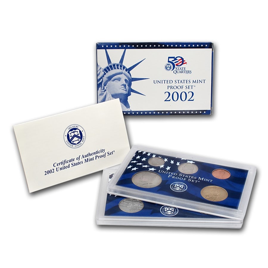 2002 US Mint Proof Set: US Proof Set in OMB. These are all from US Mint in Original holders. Some handling wear may be present in the envelopes and the holders, but coins are untouched and in original mint boxing and