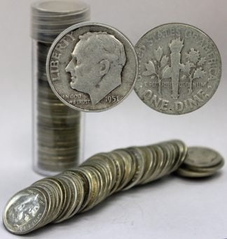 (50) 90% Silver Roosevelt Dimes in Roll: Items are as shown in image and described in title- Random date and large bulk lots may be stock images, since we have more than one of the items in the lot.