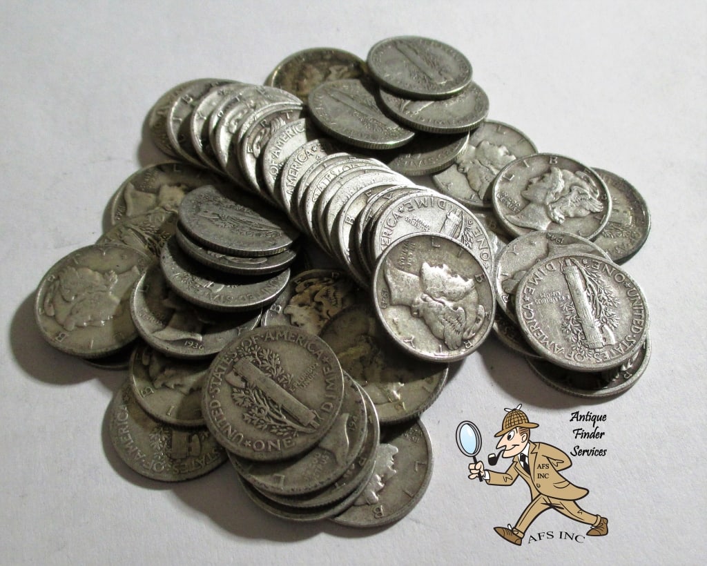 (50) Random Date/Grade Mercury Dimes: Items are as shown in image and described in title- Random date and large bulk lots may be stock images, since we have more than one of the items in the lot.