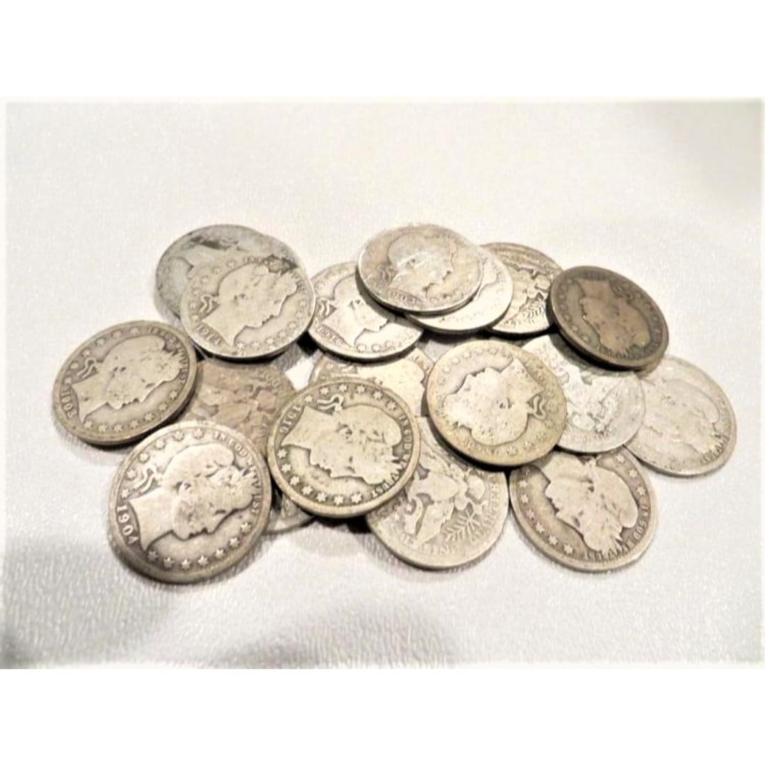 (20) Barber Quarters- Random Date/Grade: A lot of 20 random date and grade Barber Quarters - 90% Silver Coins