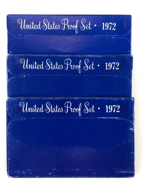 (3) 1972 US Mint Proof Sets: Items are as shown in the image and described in the title - Please note that we have more than one of these items and the exact item in the image may not be the item you recieve. Winning bidder will