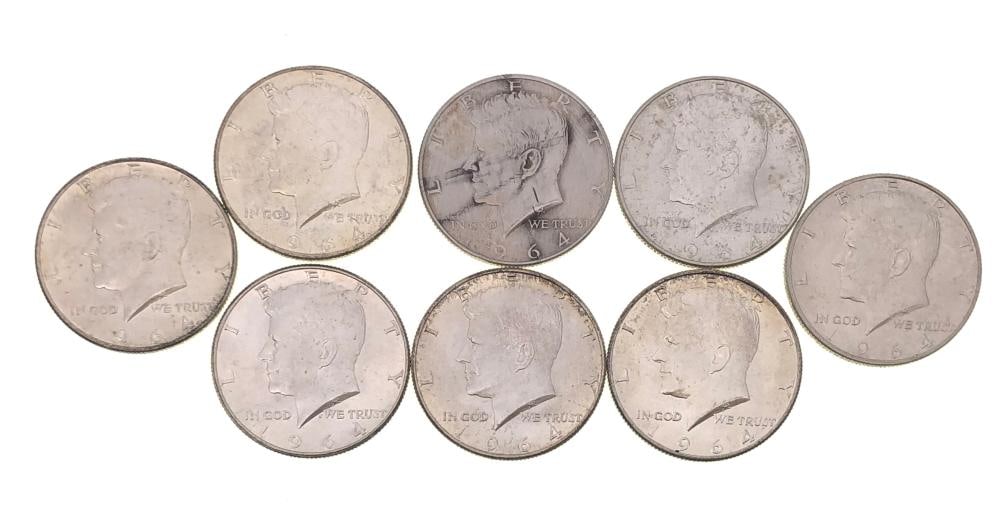 (8) 1964 Kennedy Half Dollars 90% Silver: Items are as shown in the image and described in the title - Please note tht we have more than one of these items and the exact item in the image may not be the item you recieve. Winning bidder will
