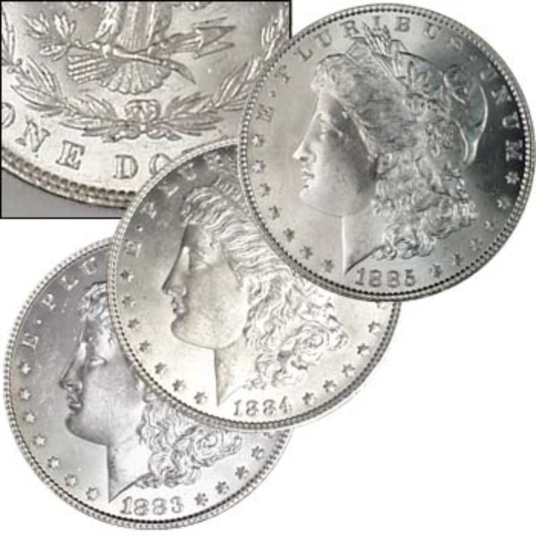 1883,1884 & 1885 Morgan Silver Dollar Trio: Silver was still pouring out of the great Western mines when the principal Philadelphia Mint struck these no-mintmark 1883, 1884 and 1885 Morgan silver dollars for circulation.