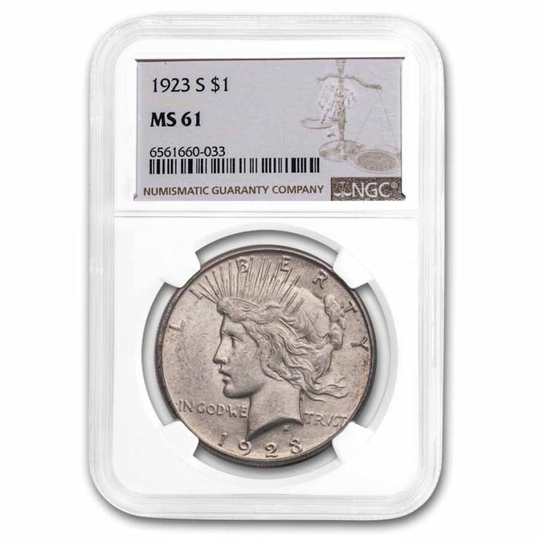 1923 S MS 61 NGC OR PCGS Peace Silver Dollar: Item is as shown in the image - with original mint packaging. Please review all terms and conditions prior to placing any bids - All invoices due at the end of the sale - All sales