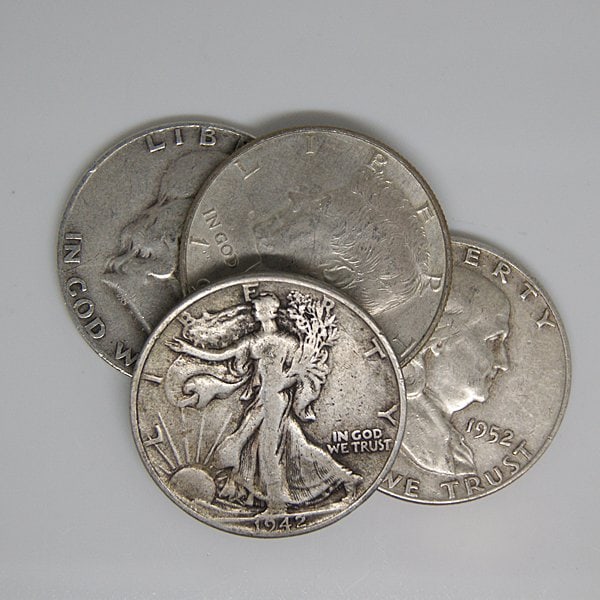 (4) Mixed Type Random Date/Grade 90% Halves: Items are as shown in the image and will be as described- Please review all terms and conditions prior to placing any bids-