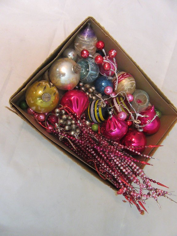 Vintage Ornaments and Made in Japan Christmas Tree: Some very cute and rare vintage ornaments. An assorted arrangement of made in Japan Christmas Tree sticks. Condition is good.