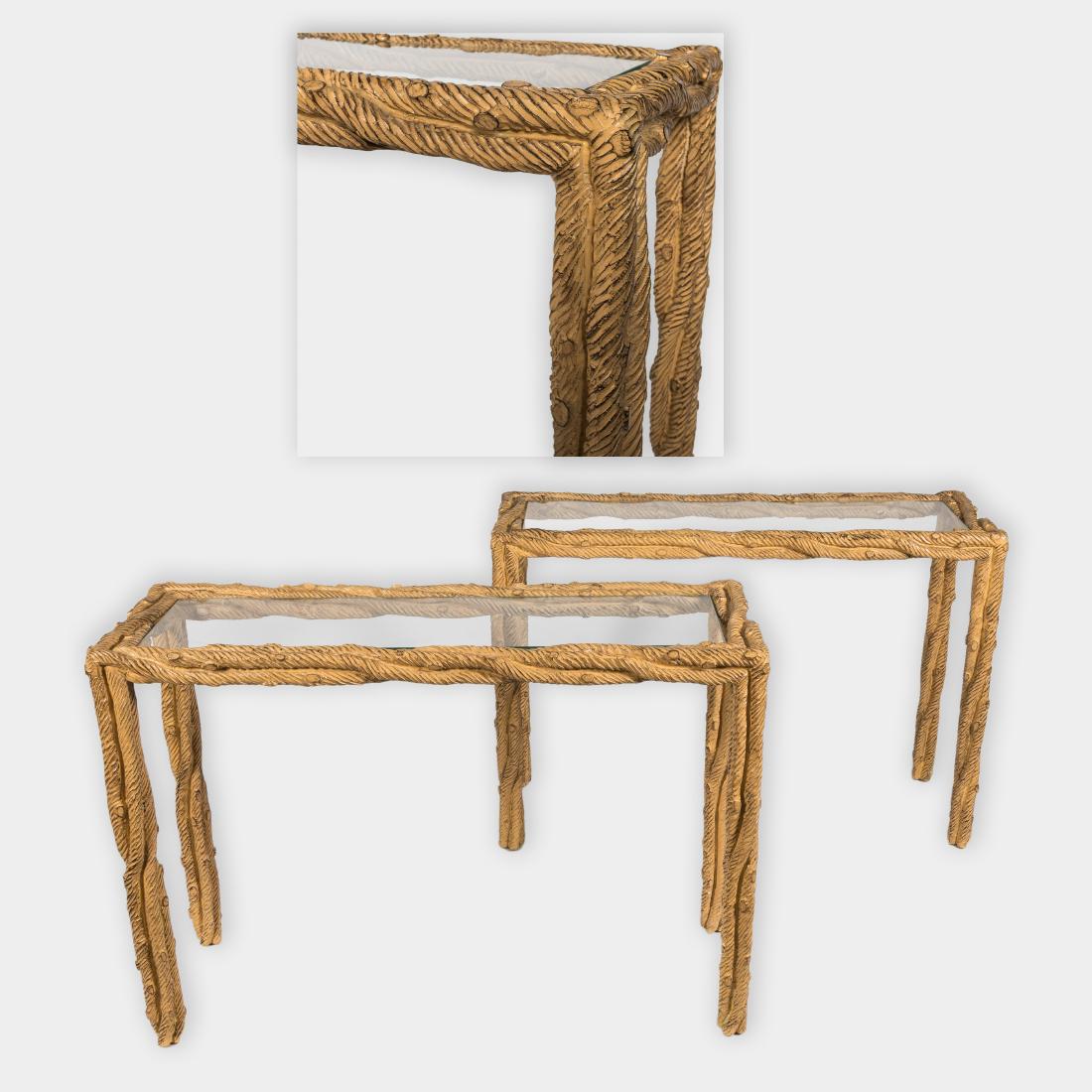 Pair Roped Detail Glass Top Console Tables: Description - Pair of glass top console tables with a wound rope detail. Dimensions - 30" x 42" x 15"