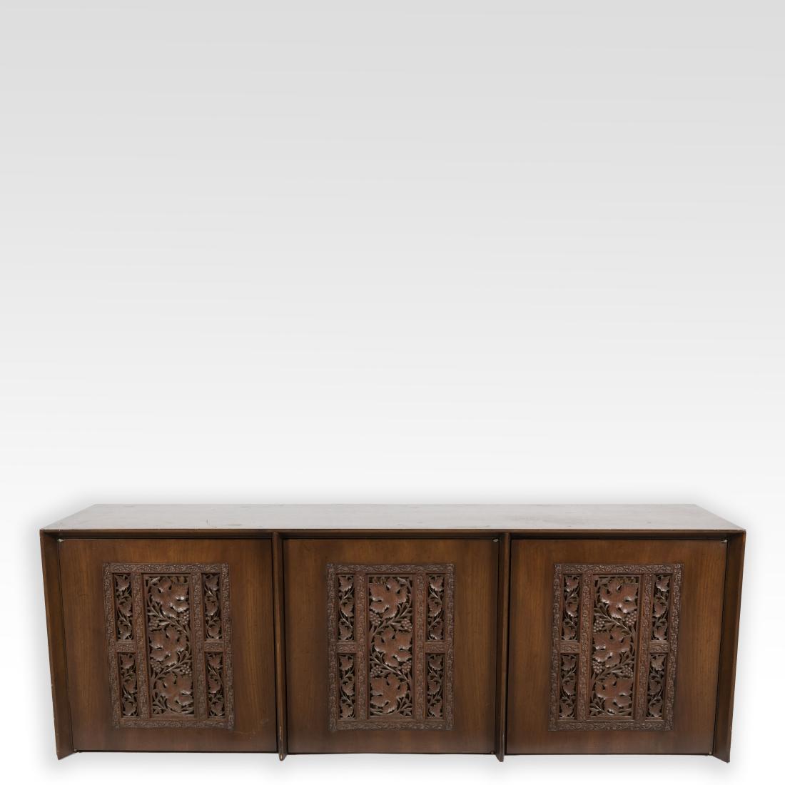 Robsjohn-Gibbings Carved Asian Credenza: Description - Widdicomb by Robsjohn-Gibbings carved Asian credenza. Dimensions - 25" x 72" x 20"