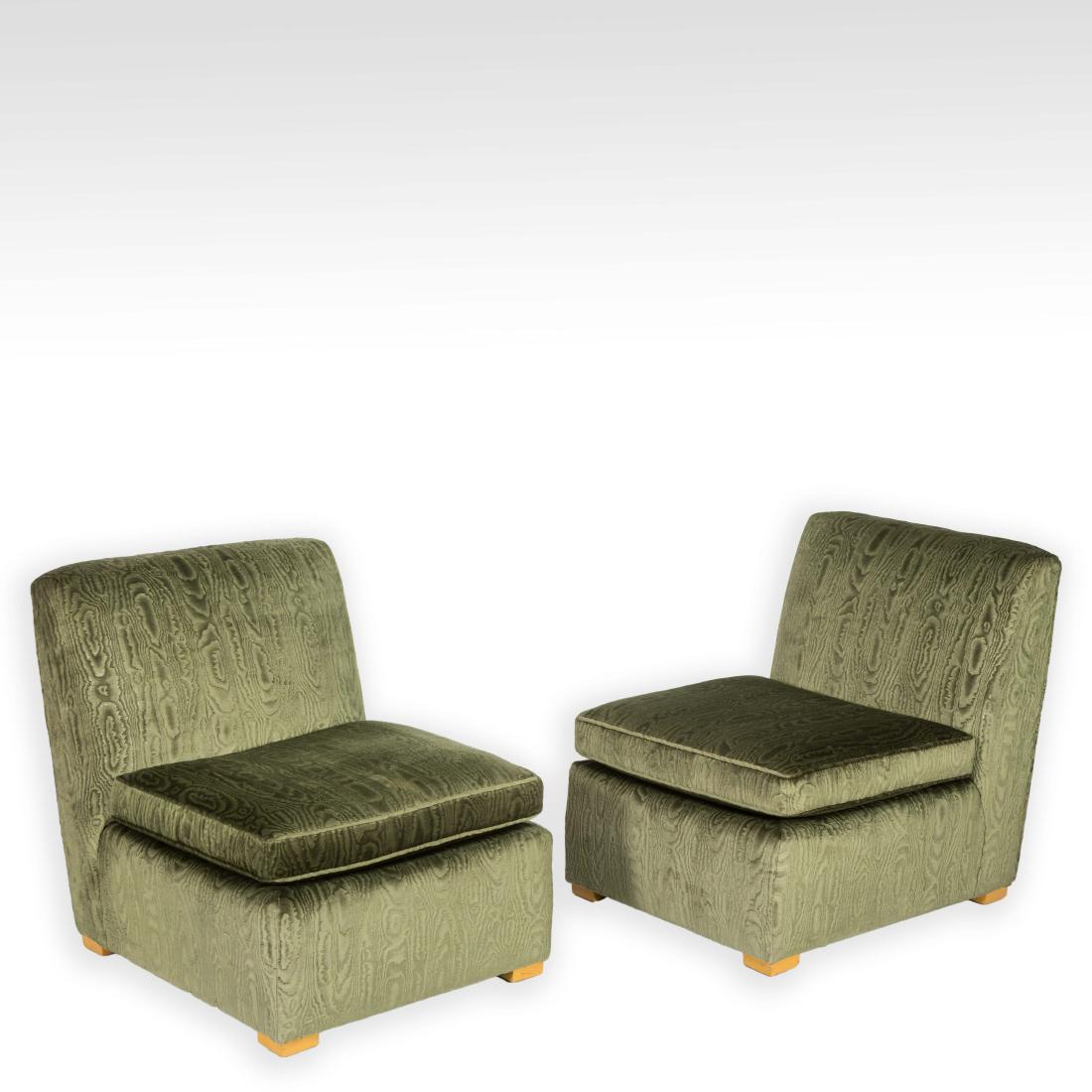 Pair Cut Velvet Slipper Chairs: Description - A pair of cut velvet slipper chairs. Dimensions - 30" x 24" x 32"