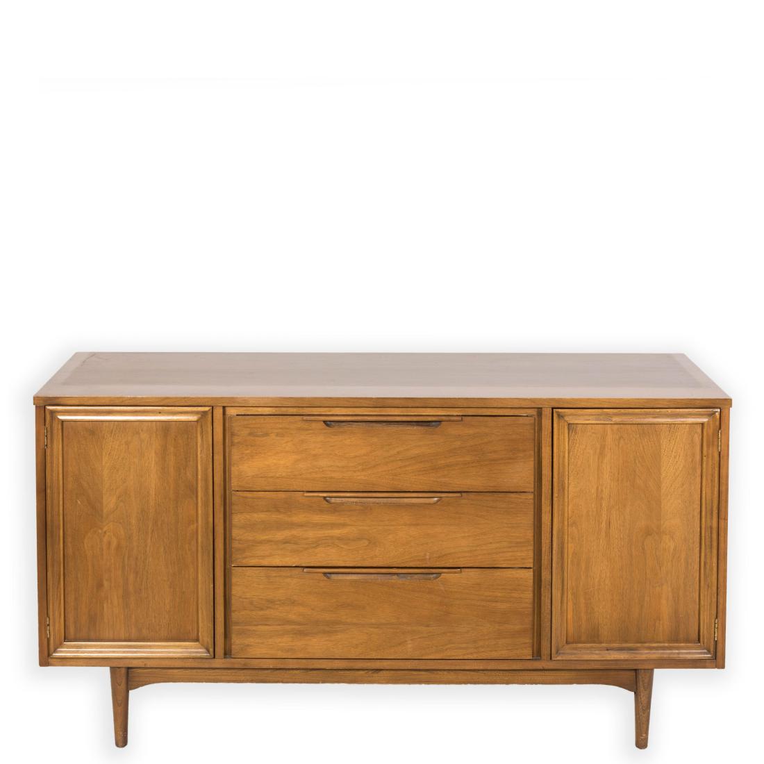 Walnut Mid Century Credenza: Description - A walnut mid century credenza. Dimensions - 31" x 58" x 18"