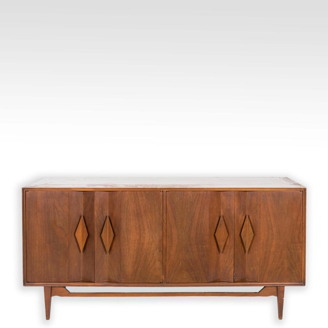 Walnut and Teak Mid Century Credenza: Description - A walnut and teak mid century credenza with diamond pulls. Dimensions - 31" x 64" x 19"
