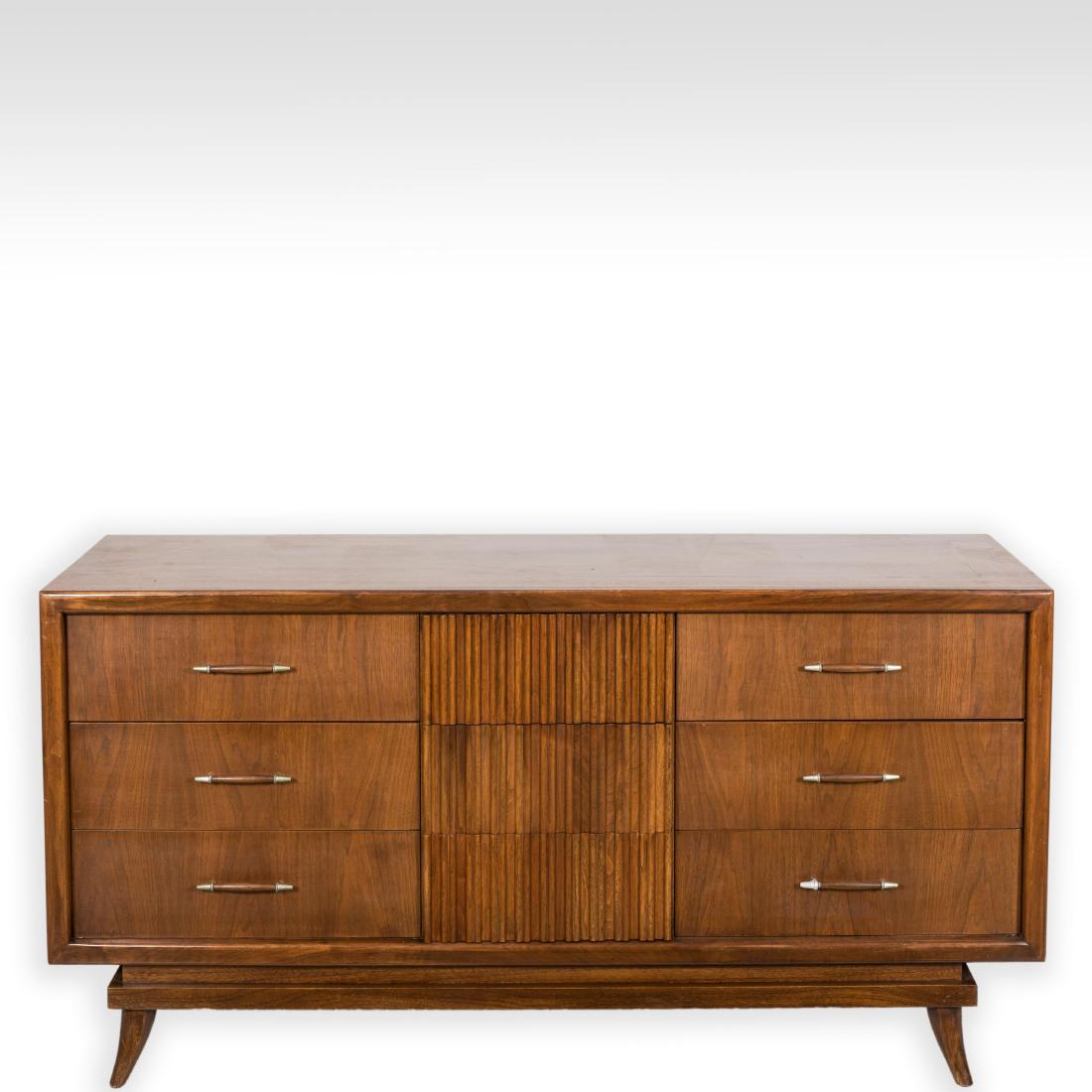 Walnut Credenza with Steel Tipped Pulls: Description - A walnut credenza with steel tipped pulls. Dimensions - 33" x 65" x 28"