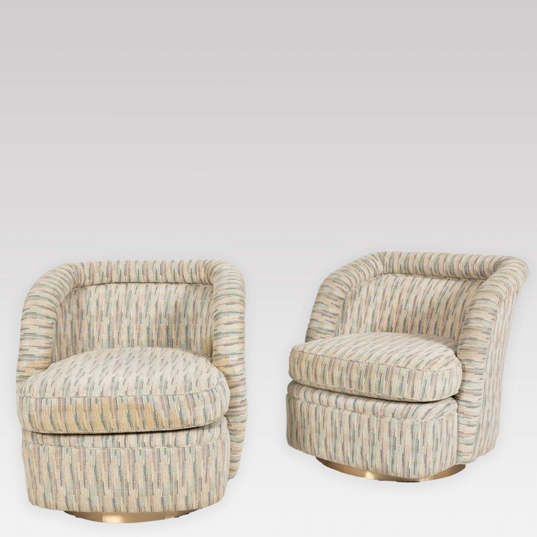 Pair Upholstered Brass Base Swivel Barrel Chairs (1 of 2)