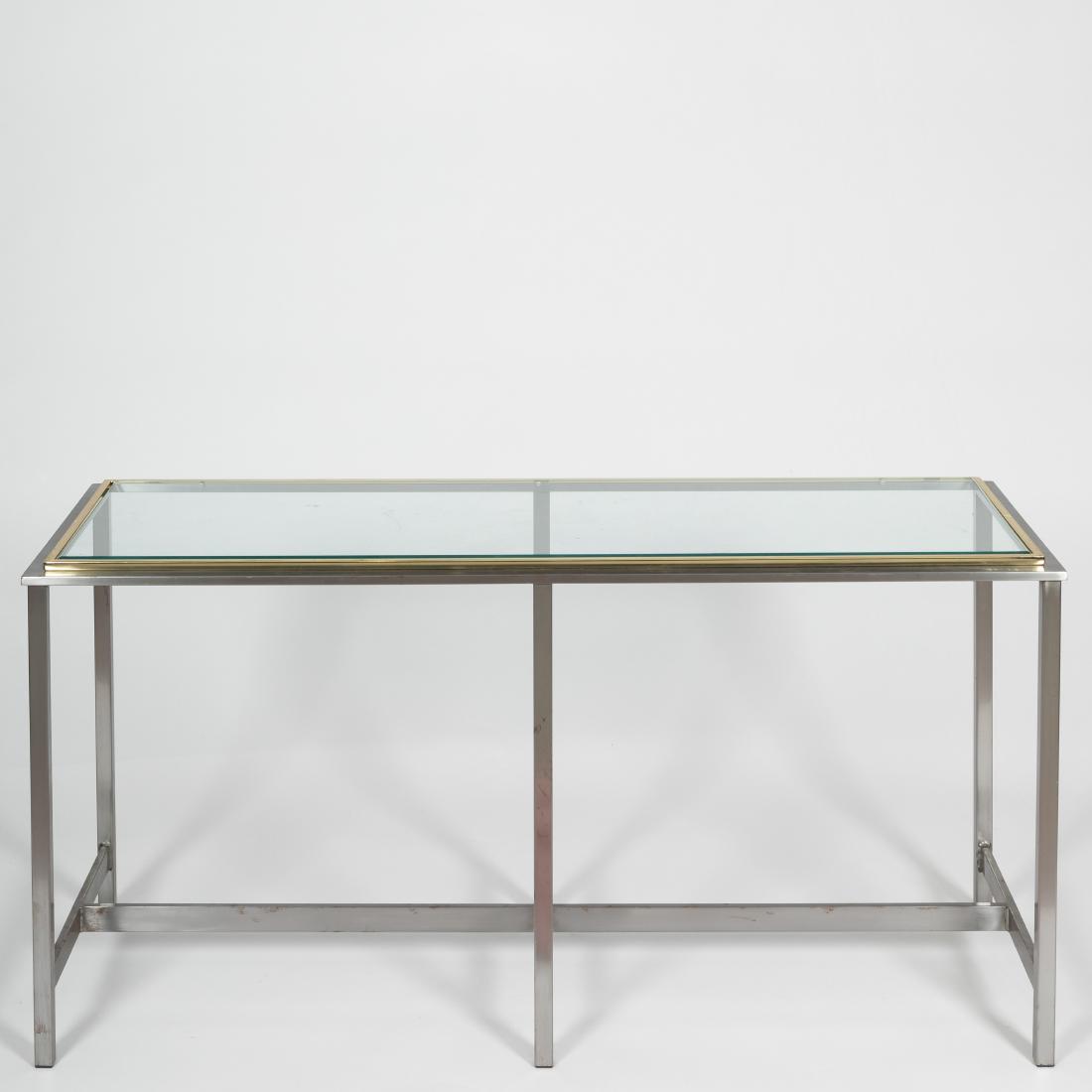 Steel and Brass Sofa Table: Description - A mid century steel and brass sofa table. Dimensions - 27" x 55" x 19"