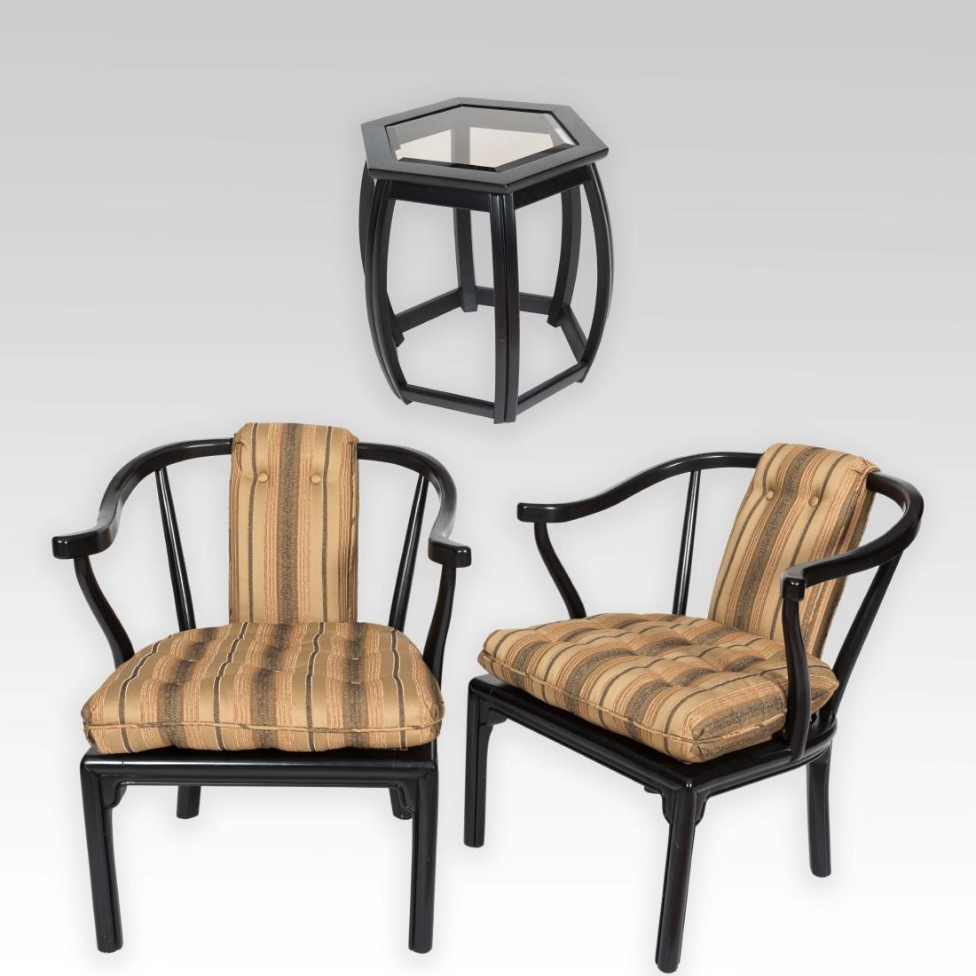 Pair Ebonized Chinese Modern Chairs & Taboret (1 of 4)