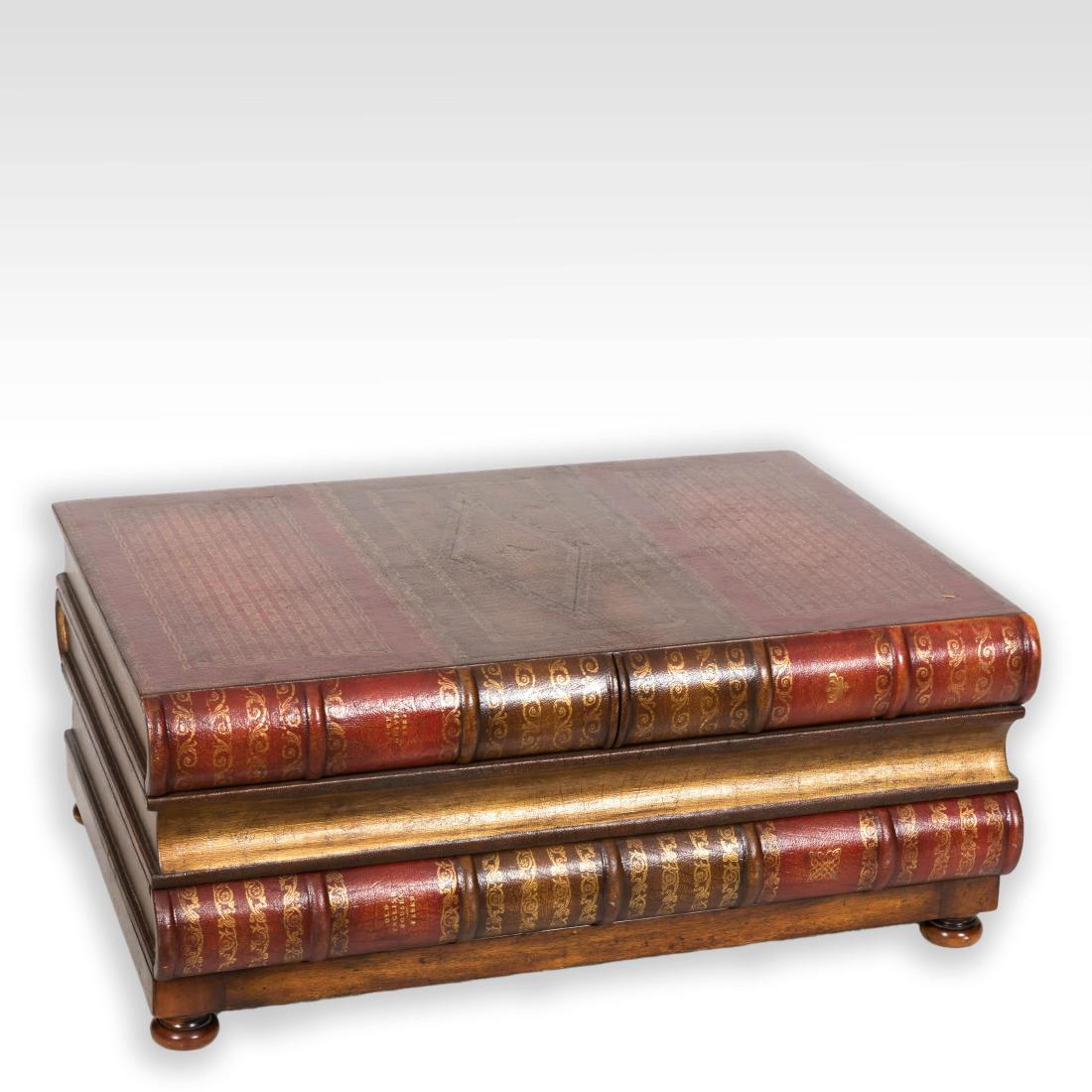 Leather Two Drawer "Book" Coffee Table: Description - A leather two drawer "book" coffee table. Dimensions - 16" x 38" x 28"