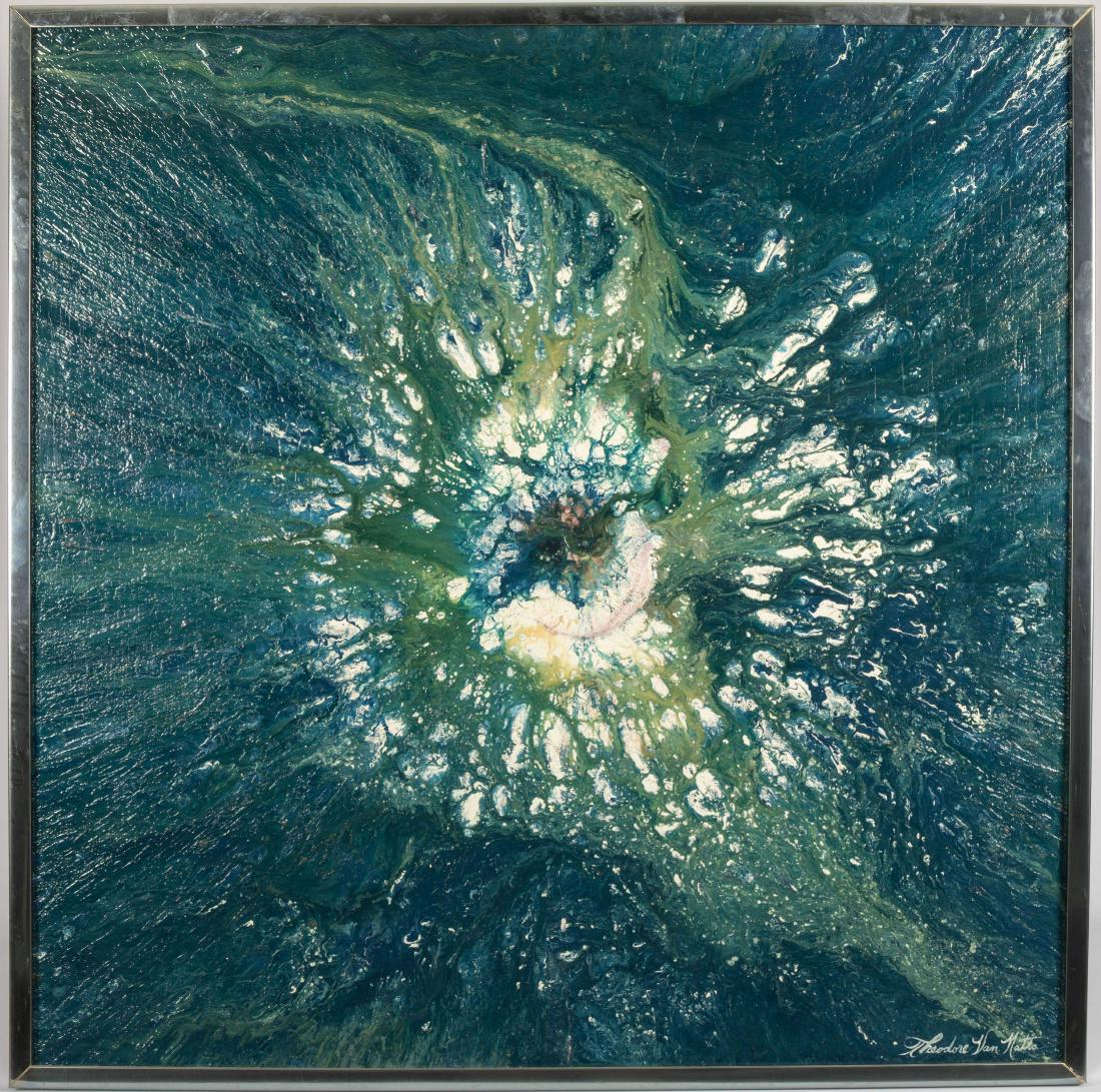 Large Oil on Board - Theodore Van Natta: Description - A large abstract oil on board. Signed Theodore Van Natta. Dimensions - 41" x 41"