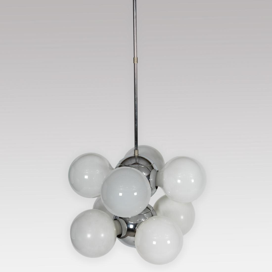 Modern Chrome Chandelier - Lightolier: Description - Modern chrome chandelier with oversized bulbs. In the style of Lightolier Dimensions - 30" x 15"