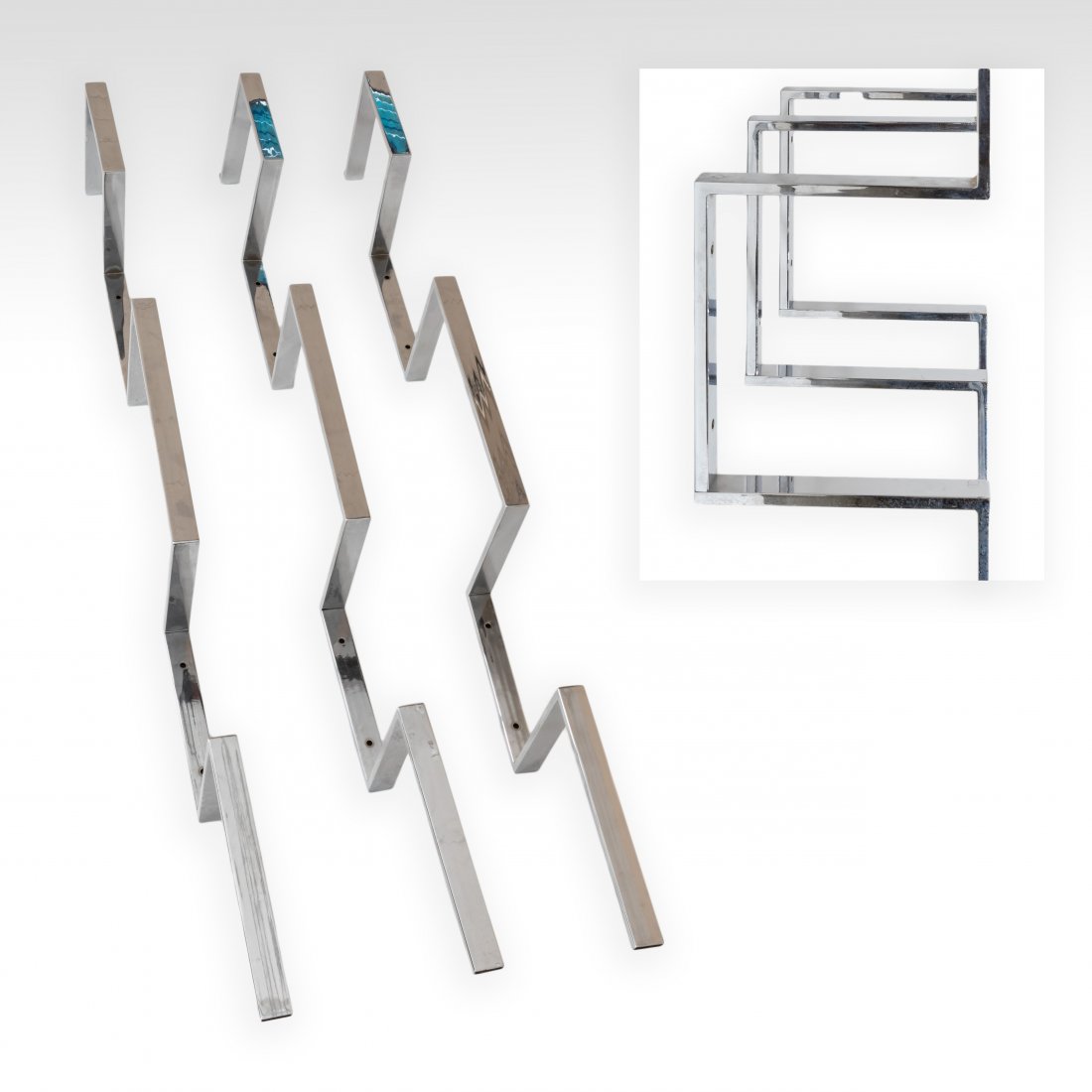 Milo Baughman Style Chrome and Glass Wall Etagere: Description - A Milo Baughman style chrome and glass wall etagere. Dimensions - 84" x 66" x 13"