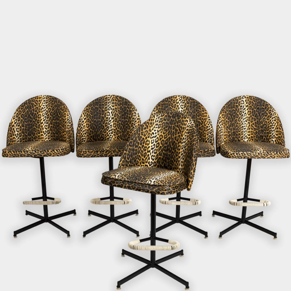 Five Atomic Leopard Print Swivel Barstools - 50's: Description - Group of five 1950's atomic leopard print swivel barstools. Dimensions - 39.5" x 20" x 20"