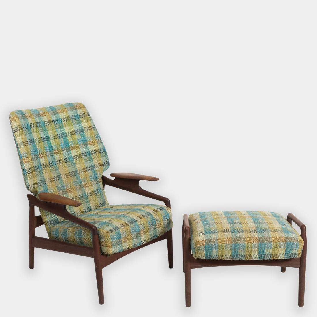 Reclining Lounge Chair and Ottoman - Finn Juhl: Description - Reclining lounge chair and ottoman in the manner of Finn Juhl Dimensions - Chair - 38" x 28" x 29"