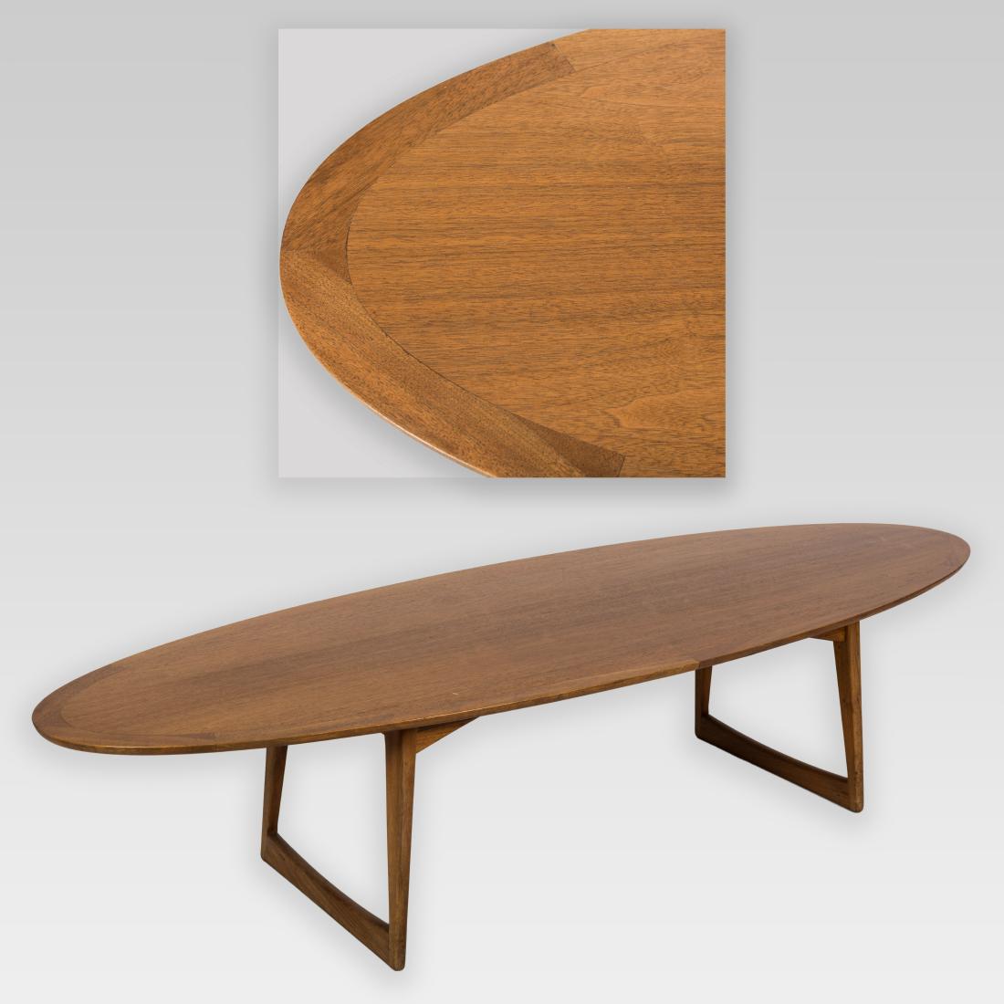 Danish Teak Surfboard Coffee Table: Description - Danish teak surfboard coffee table. Unsigned. Dimensions - 16" x 72" x 24"