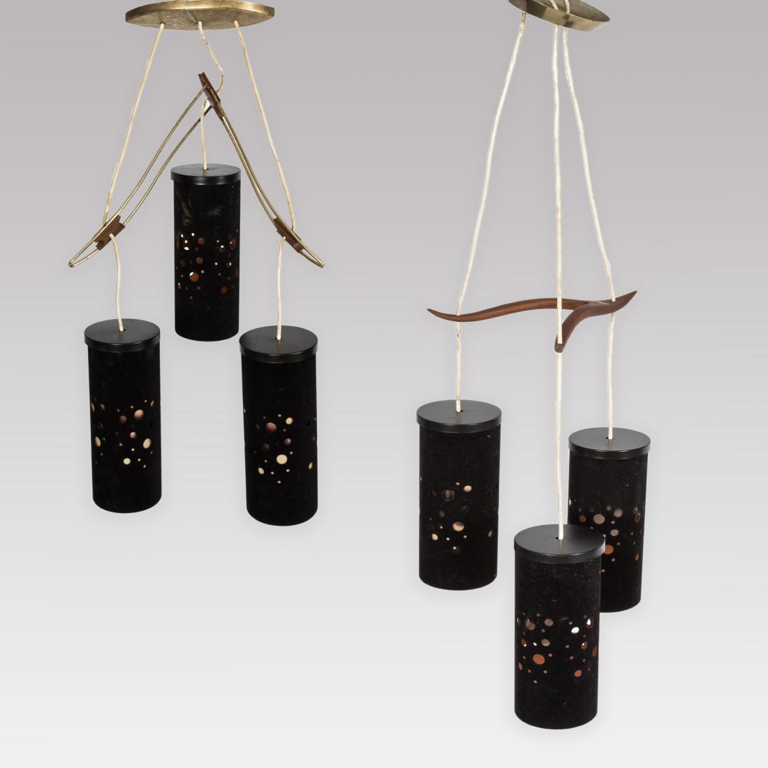 Pair Three Light Danish Hanging Ceiling Lamps (1 of 7)